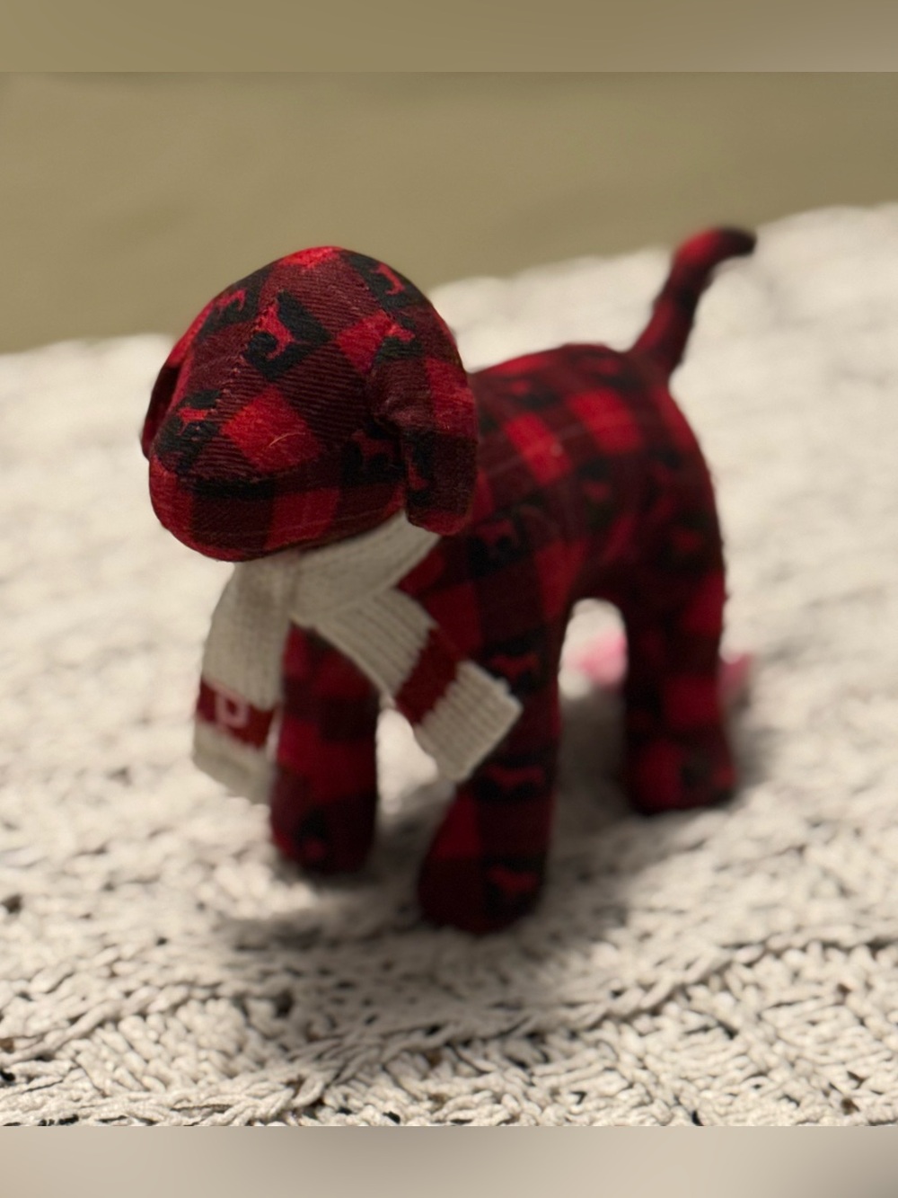 PINK Victoria's Secret Red Plaid Plush Dog Toy with White Scarf EUC